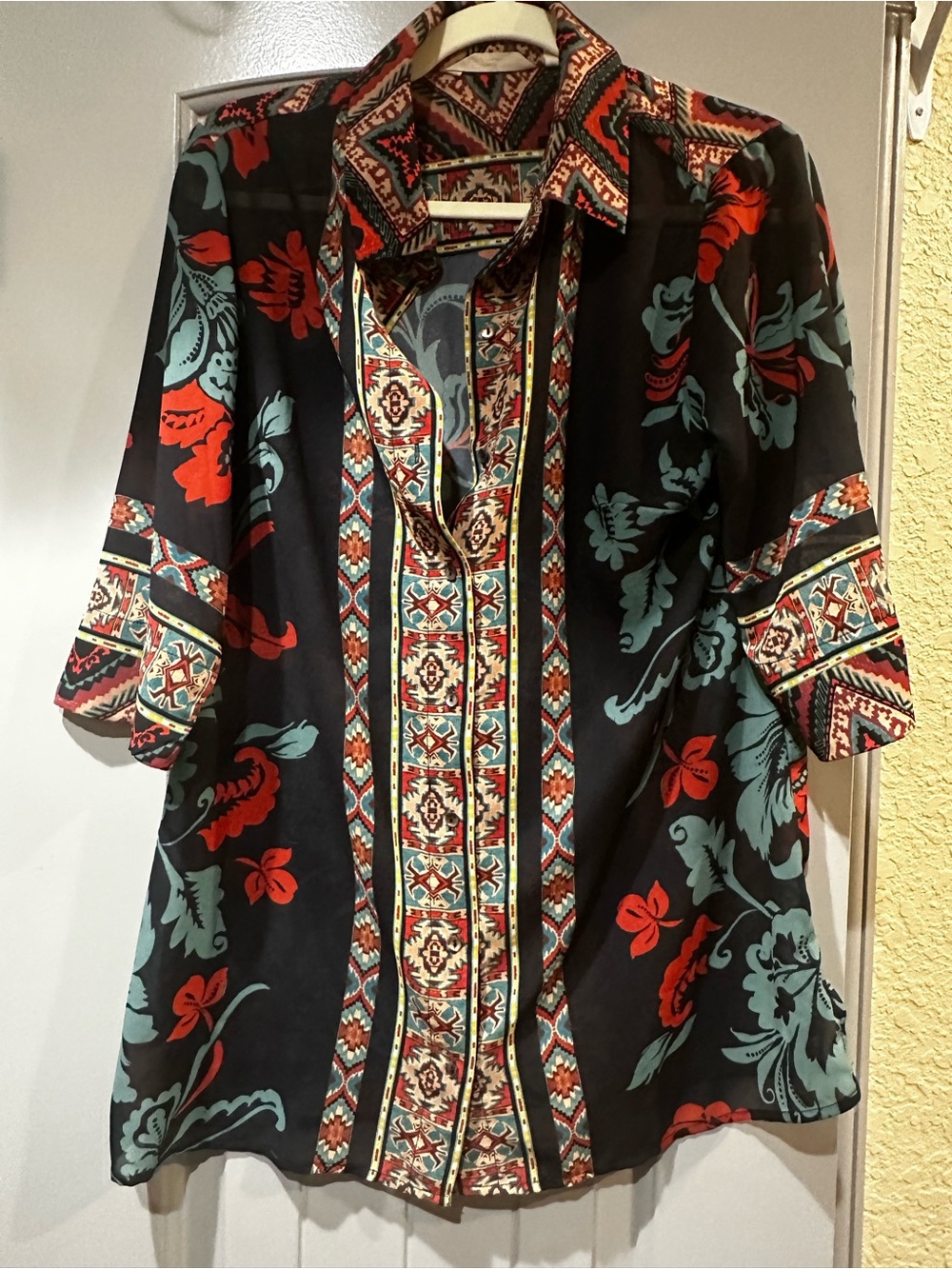 Soft Surroundings Sheer Floral Print Button-Up Blouse